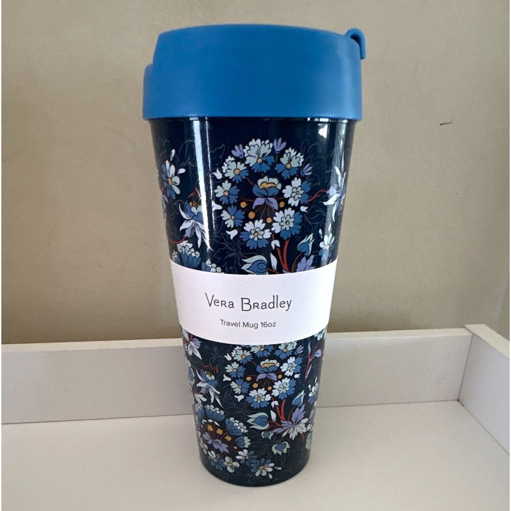 Vera Bradley Floral Travel Mug 16 oz Floral Bursts Blue BPA-Free NEW